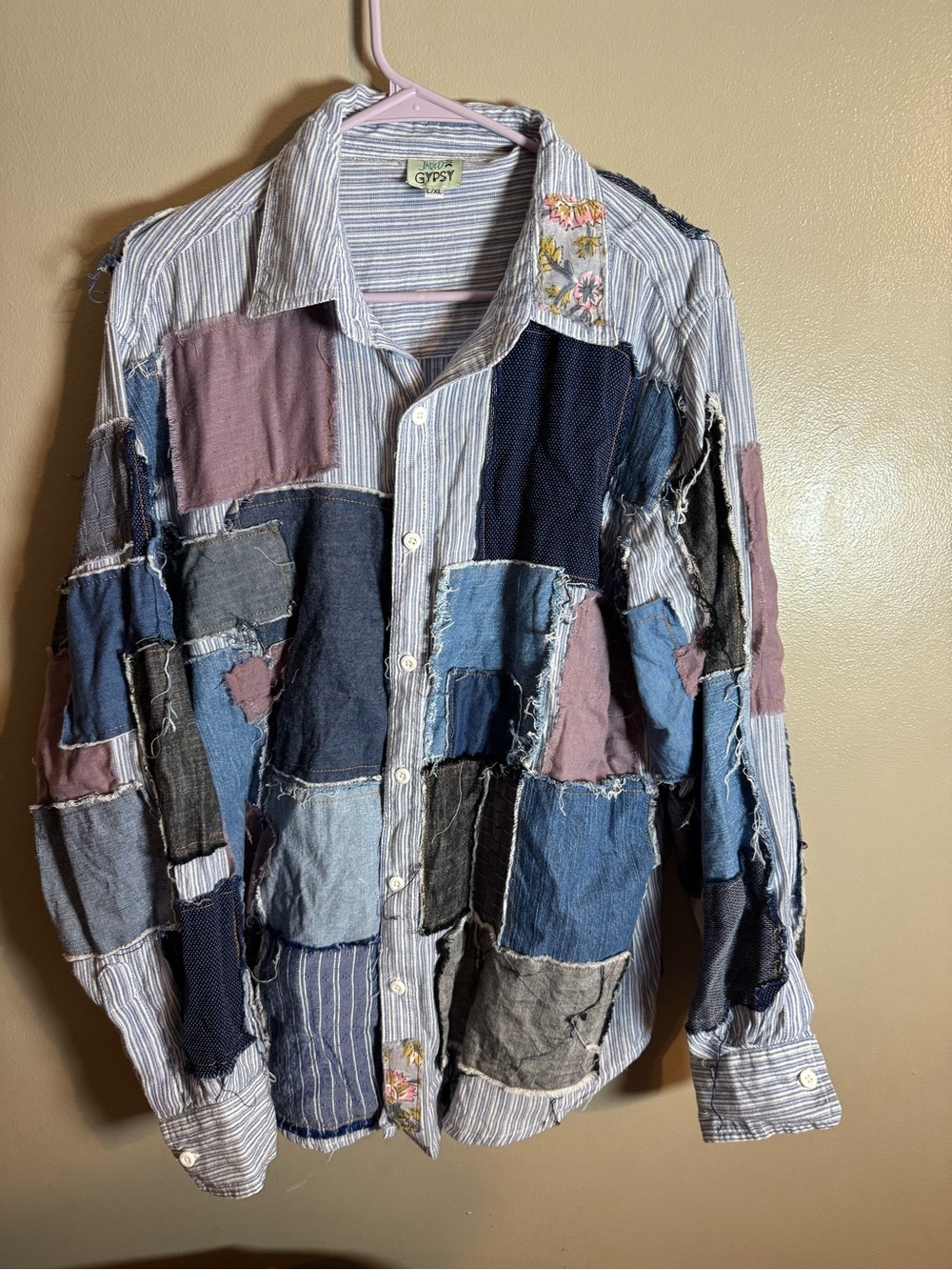 Patchwork Button-Up Shirt - Blue & Pink